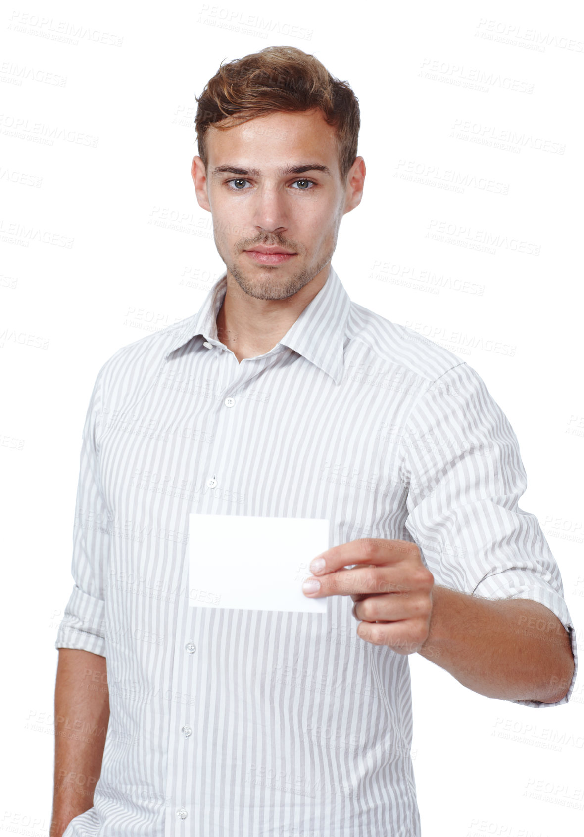 Buy stock photo Studio, blank business card and portrait of man with mockup, introduction and isolated on white background. Signage, offer and male person with paper for news, brand announcement or deal information