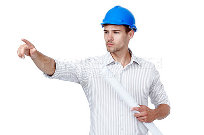 Buy stock photo Architecture, pointing and man with blueprint in studio for project management, construction or inspection. Engineering, development or architect with building plan in maintenance on white background