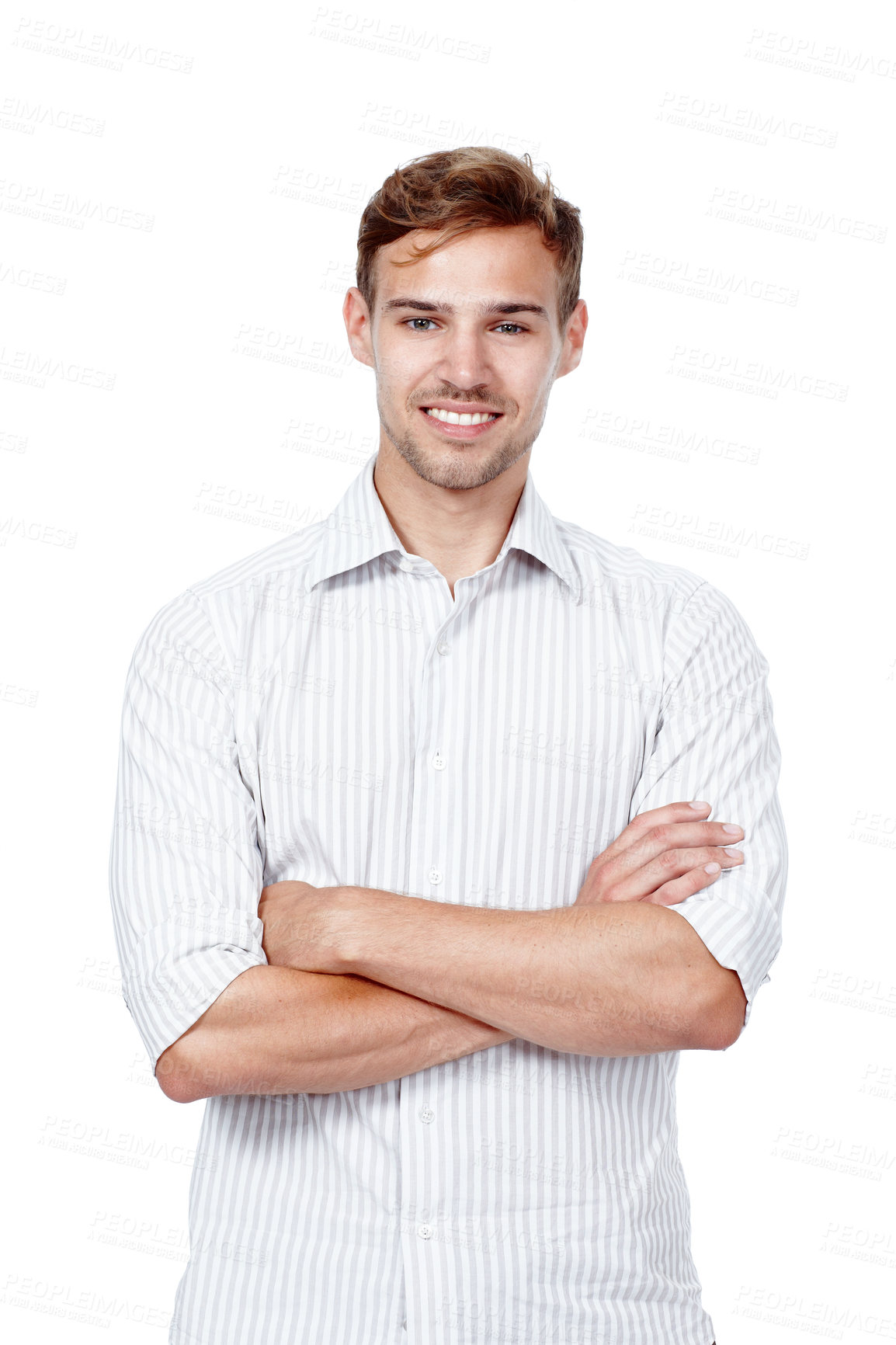 Buy stock photo Portrait, smile and confident business man in studio for career or job in Sweden isolated on a white background. Face, arms crossed and happy professional, entrepreneur or creative editor in startup