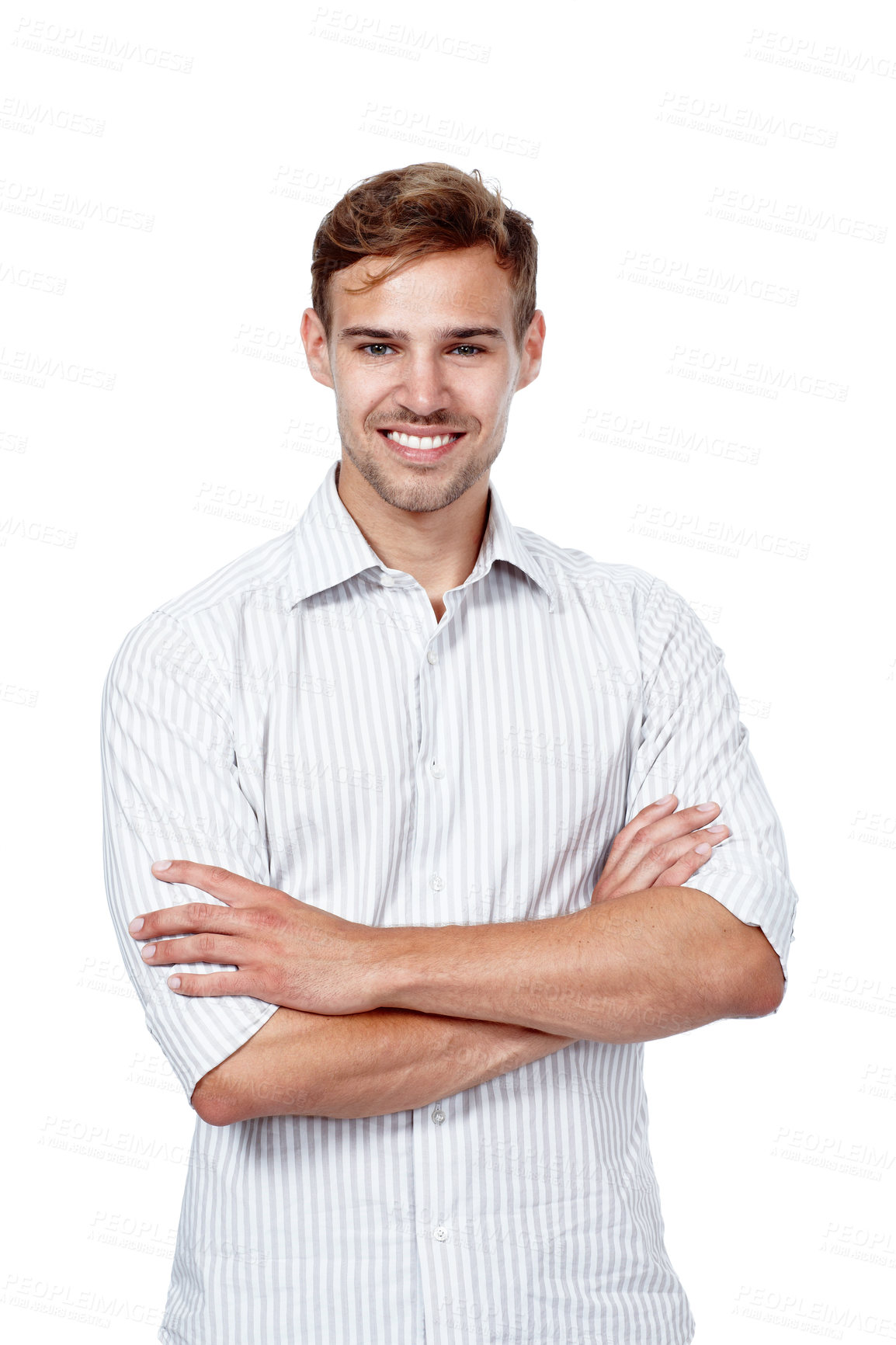 Buy stock photo Portrait, happy and business man with arms crossed in studio for career and job in Switzerland isolated on a white background. Face, smile and confident professional, entrepreneur and young salesman