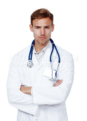 Buy stock photo Man, doctor and portrait in studio for health care on white background, serious and satisfied with career. Medical professional, confident and committed on job, growth and support as cardiologist