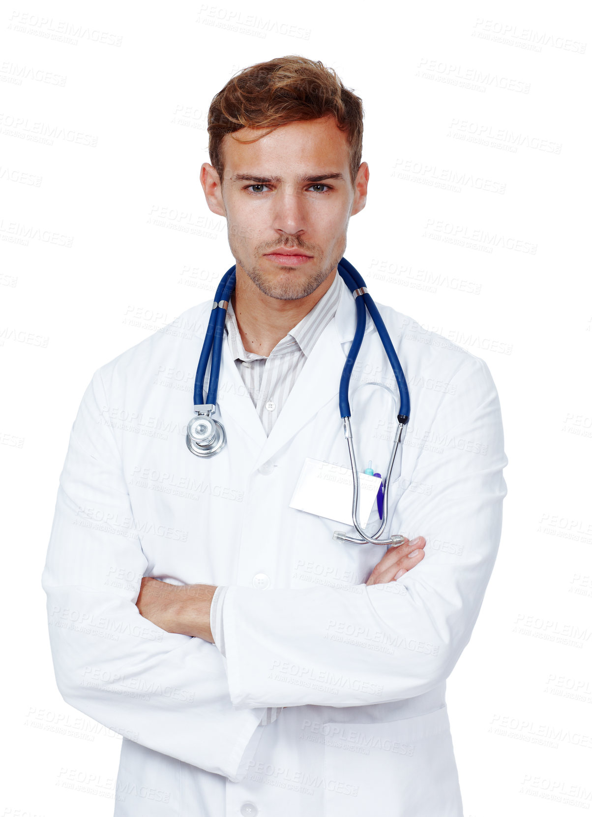 Buy stock photo Man, doctor and portrait in studio for health care on white background, serious and satisfied with career. Medical professional, confident and committed on job, growth and support as cardiologist