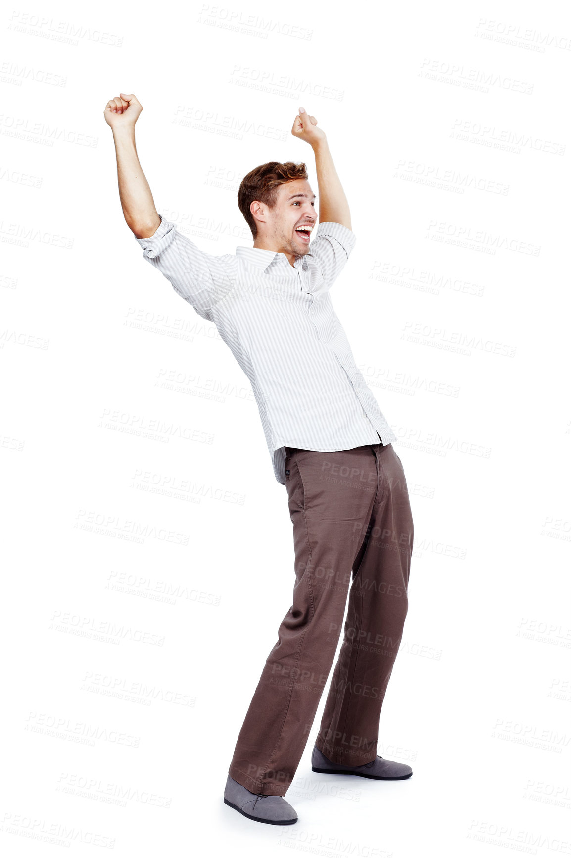 Buy stock photo Man, studio and cheering for win or success, excited and celebrate for lottery prize or promotion. Male person, giveaway and victory or deal on white background, discount and wow for bonus or reward