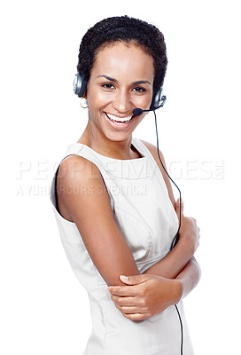Buy stock photo Portrait, call center and woman consulting in studio with arms crossed for about us, faq or customer service on white background. Crm, telemarketing and consultant with virtual, help or loan advice