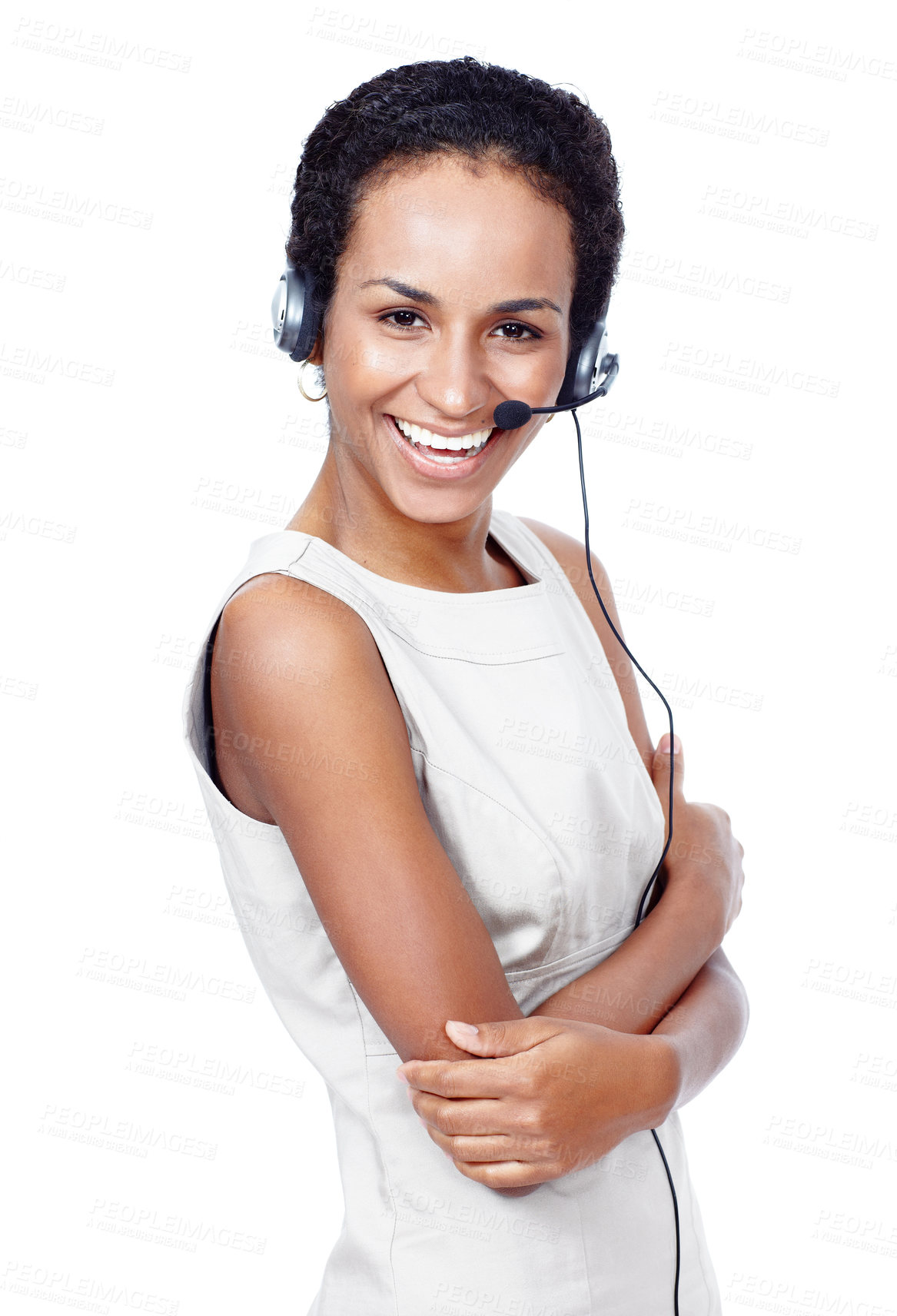 Buy stock photo Portrait, call center and woman consulting in studio with arms crossed for about us, faq or customer service on white background. Crm, telemarketing and consultant with virtual, help or loan advice