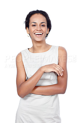 Buy stock photo Studio portrait of an attractive businesswoman posing against a white background