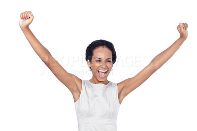 Buy stock photo Cropped shot of a businesswoman raising her arms in victory against a white background
