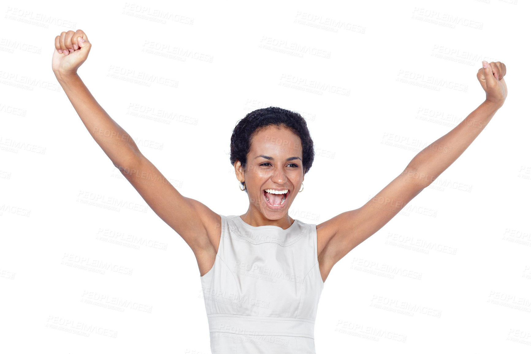 Buy stock photo Cropped shot of a businesswoman raising her arms in victory against a white background