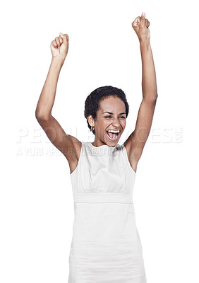 Buy stock photo Black woman, studio and cheering for win or success, excited and celebrate for lottery or promotion. Female person, giveaway and victory or deal on white background, discount and bonus or reward