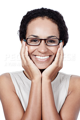 Buy stock photo Business woman, face and glasses in studio for career confidence and relax or ready for reading. Portrait of author, writer or editor in publishing job with project opportunity on white background