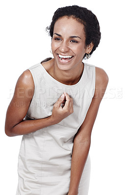 Buy stock photo Excited, laugh and business woman in studio with good news, promotion announcement and success. Professional, surprise and face of person happy for prize, reward and celebrate on white background