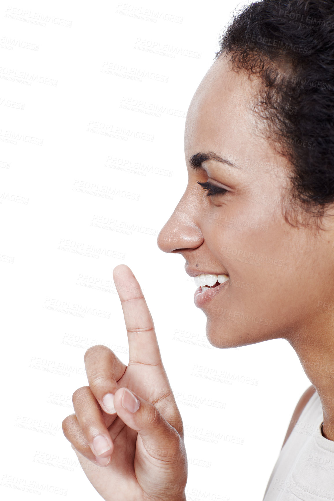 Buy stock photo Secret, face and girl with finger on lips in studio for gossip, mystery or silence emoji on white background. Mouth, hand and model with hush news, whisper or quiet announcement of taboo conspiracy