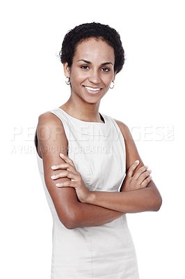 Buy stock photo Smile, business and portrait of woman in studio with confidence, opportunity and fashion. Consultant, agent or happy HR manager with ambition, professional style and arms crossed on white background 
