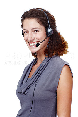 Buy stock photo Call center, consulting and girl portrait in studio for contact us, faq or customer support on white background. Outsourcing, telemarketing and consultant with virtual assistance, help or loan advice