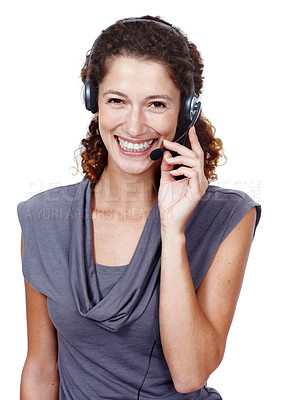 Buy stock photo Portrait, call center and happy woman on mic for support, customer service or help in studio isolated on white background. Face, headphones and telemarketing consultant or sales professional in Spain