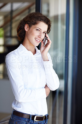 Buy stock photo Business woman, smile and phone call with mobile consultation in office at window. Startup, entrepreneur and employee with conversation, networking and communication for public relations at company