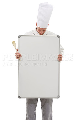 Buy stock photo Chef man with mockup board isolated on a white background for empty menu and culinary career services. Professional cooking or bakery person with whiteboard, presentation and ideas in studio mock up