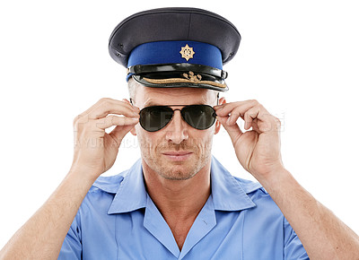 Buy stock photo Security, officer and face of police with sunglasses on white background for authority, public safety and crime. Justice, law enforcement and portrait of policeman, traffic cop and guard in studio