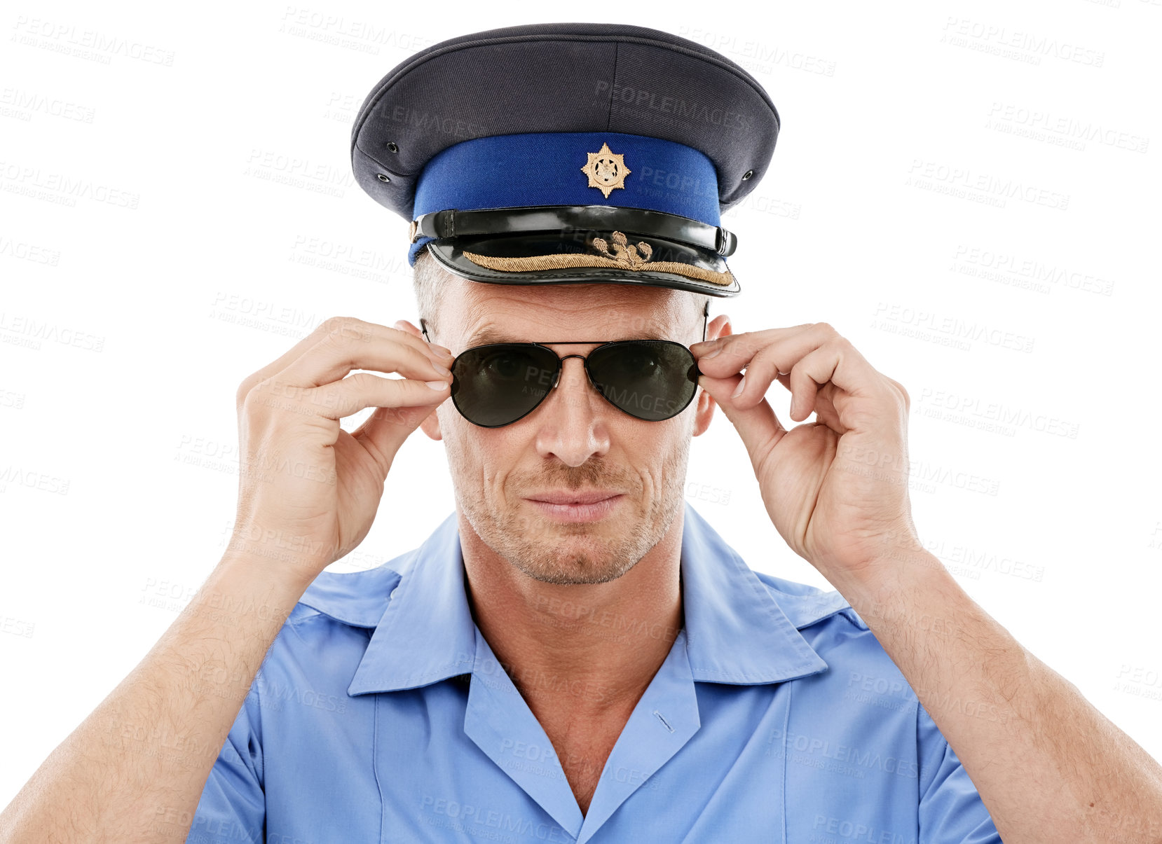 Buy stock photo Security, officer and face of police with sunglasses on white background for authority, public safety and crime. Justice, law enforcement and portrait of policeman, traffic cop and guard in studio