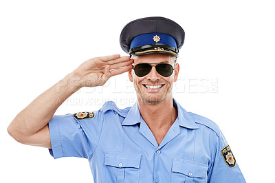 Buy stock photo Security, salute and face of police smile on white background for authority, public safety and service. Community justice, law enforcement and isolated portrait of policeman, traffic cop and guard