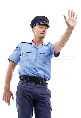 Buy stock photo Police, stop and cop as legal professional or law enforcement with authority isolated against a studio white background. Man, gesture and officer in uniform for public service as safety or protection
