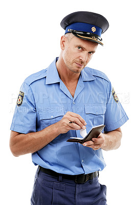 Buy stock photo Parking fine, ticket and portrait of police writing on notepad for traffic laws, crime and public service. Justice, law enforcement and face of policeman, security guard and safety officer with paper