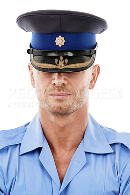 Buy stock photo Law, police and front of man in studio for crime, protection and safety against white background. Security, authority and headshot of male official ready for crime, justice and protection isolated