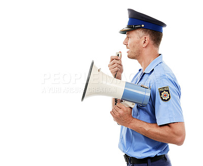 Buy stock photo Justice man, megaphone or police officer speech for service announcement, legal law or studio crime. Safety profile, security communication speaker or talking hero isolated on mockup white background