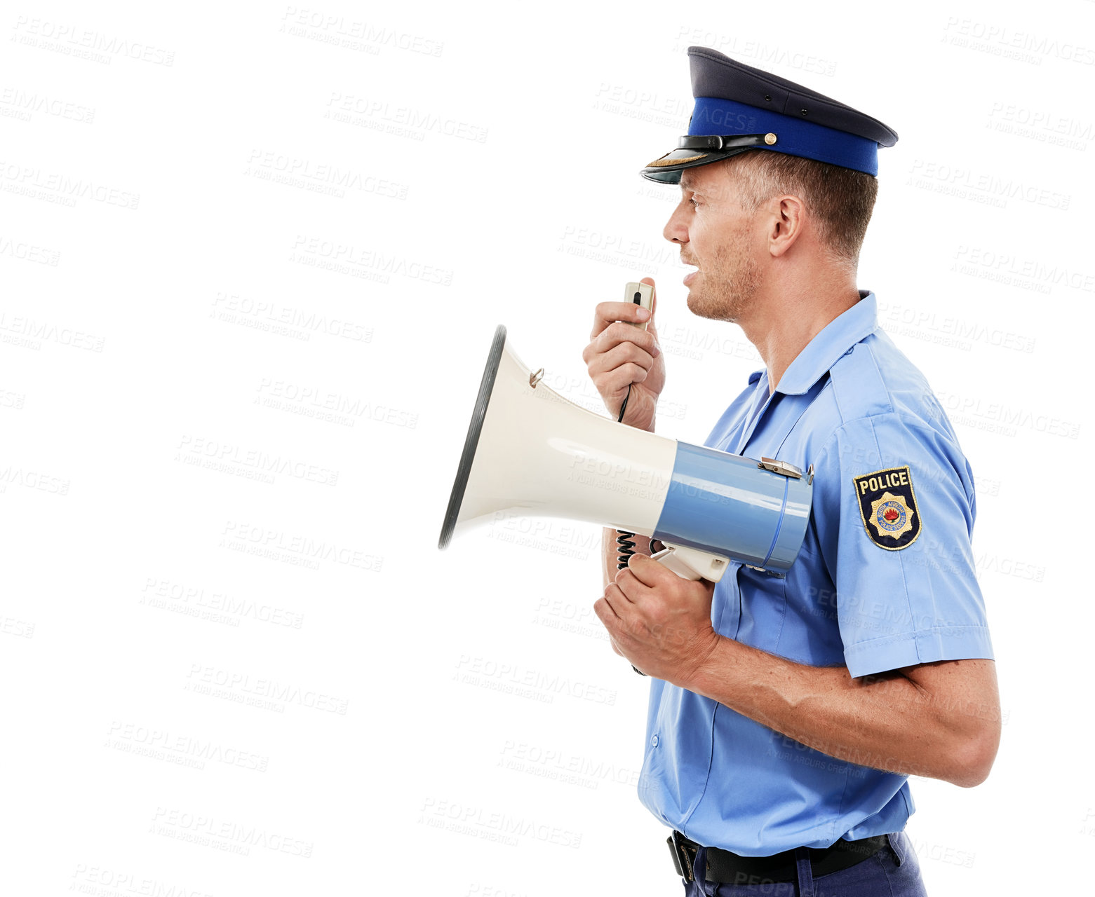 Buy stock photo Justice man, megaphone or police officer speech for service announcement, legal law or studio crime. Safety profile, security communication speaker or talking hero isolated on mockup white background