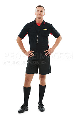 Buy stock photo Sports, portrait and male referee in a studio posing with sportswear for a soccer match or training. Fitness, exercise and full body of man coach ready for football game isolated by white background.