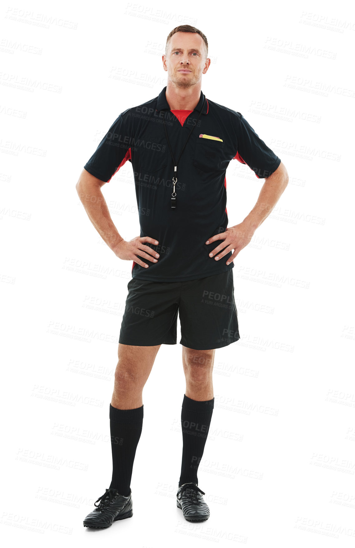 Buy stock photo Sports, portrait and male referee in a studio posing with sportswear for a soccer match or training. Fitness, exercise and full body of man coach ready for football game isolated by white background.