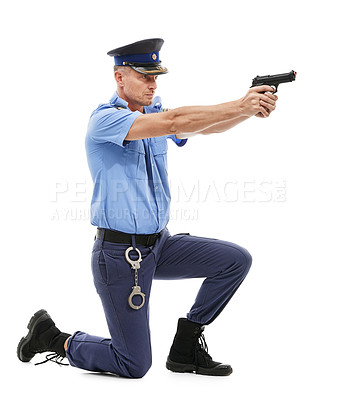 Buy stock photo Man, police officer and pointing gun ready to fire or shoot isolated on a white studio background. Male security guard or detective holding firearm to uphold the law, stop crime or violence