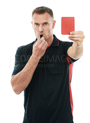 Buy stock photo Referee man, red card and whistle portrait with hand warning for soccer rules, penalty or fail in studio. Fitness coach sign for mistake or caution for competition game isolated on a white background
