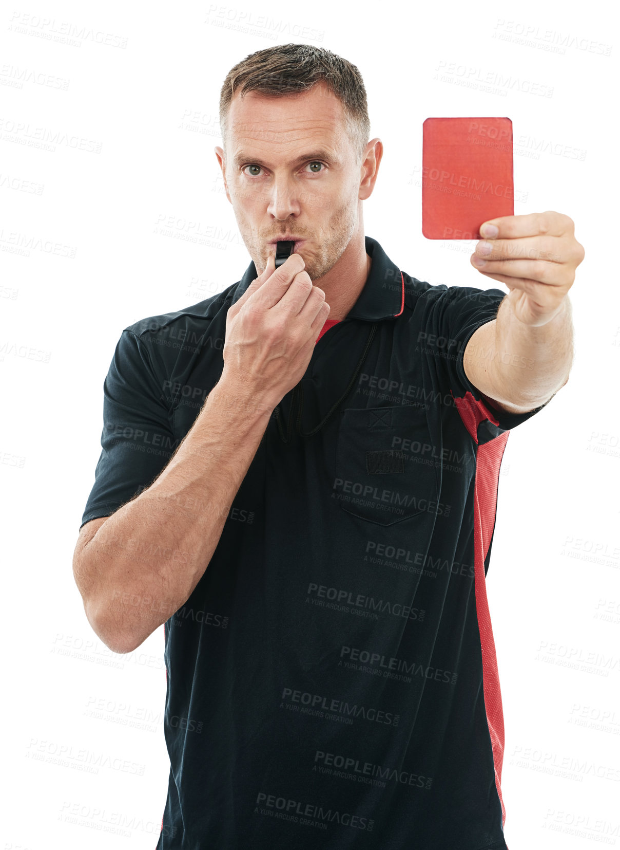 Buy stock photo Referee man, red card and whistle portrait with hand warning for soccer rules, penalty or fail in studio. Fitness coach sign for mistake or caution for competition game isolated on a white background