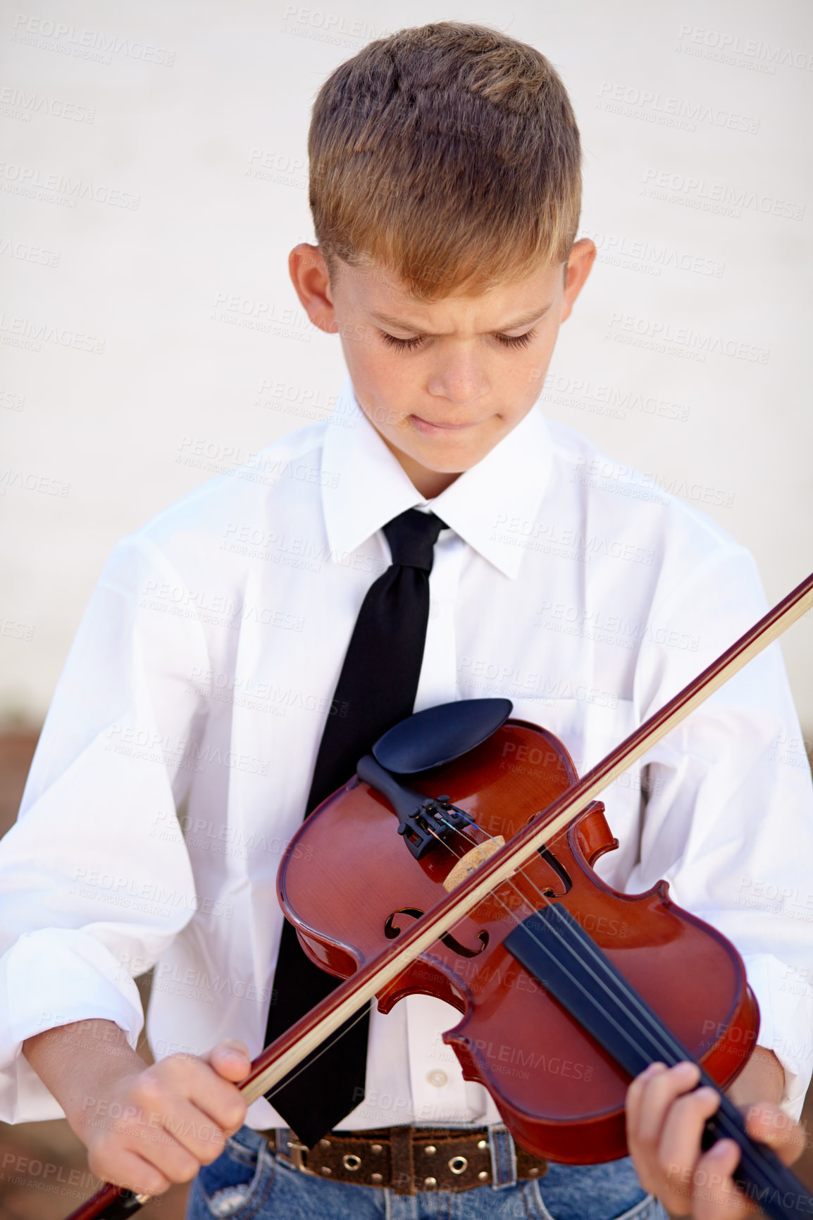 Buy stock photo Art, skills and child with violin for creative sound and playing audio with young musician in concert. Orchestra music, string instrument and violinist boy in performance in talent show for children