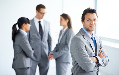 Buy stock photo Team leader portrait, arms crossed and business man, lawyer or boss for legal pride, law firm collaboration or job career. Agent planning meeting, justice and corporate attorney for government work 