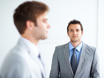 Buy stock photo Businessmen, face and portrait for looking, serious and in finance career, corporate and worker. Office, employee and professional for job, formal and man with confidence, suit and accountant
