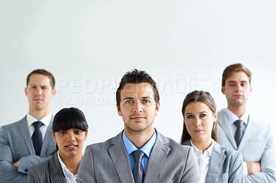 Buy stock photo Team leader, management and professional portrait people, group or company consultant for law firm support. Service experience, mockup space wall and face of corporate attorney for business advisory 