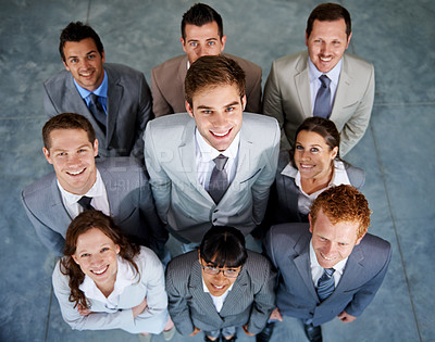 Buy stock photo Top view, happy team and portrait of business people in office, cooperation or collaboration solidarity. Face smile, above and group of confident professional corporate lawyers at company together