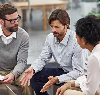 Buy stock photo Diversity, laptop and business people in discussion of corporate project and planning in office. Web developers,  communication and collaboration for creative solution and design of company website