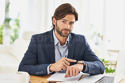 Buy stock photo Late,  businessman and pointing to watch in office with appointment on schedule or agenda. Busy, entrepreneur and frustrated by delay in time with clock and planning timetable for day with wristwatch