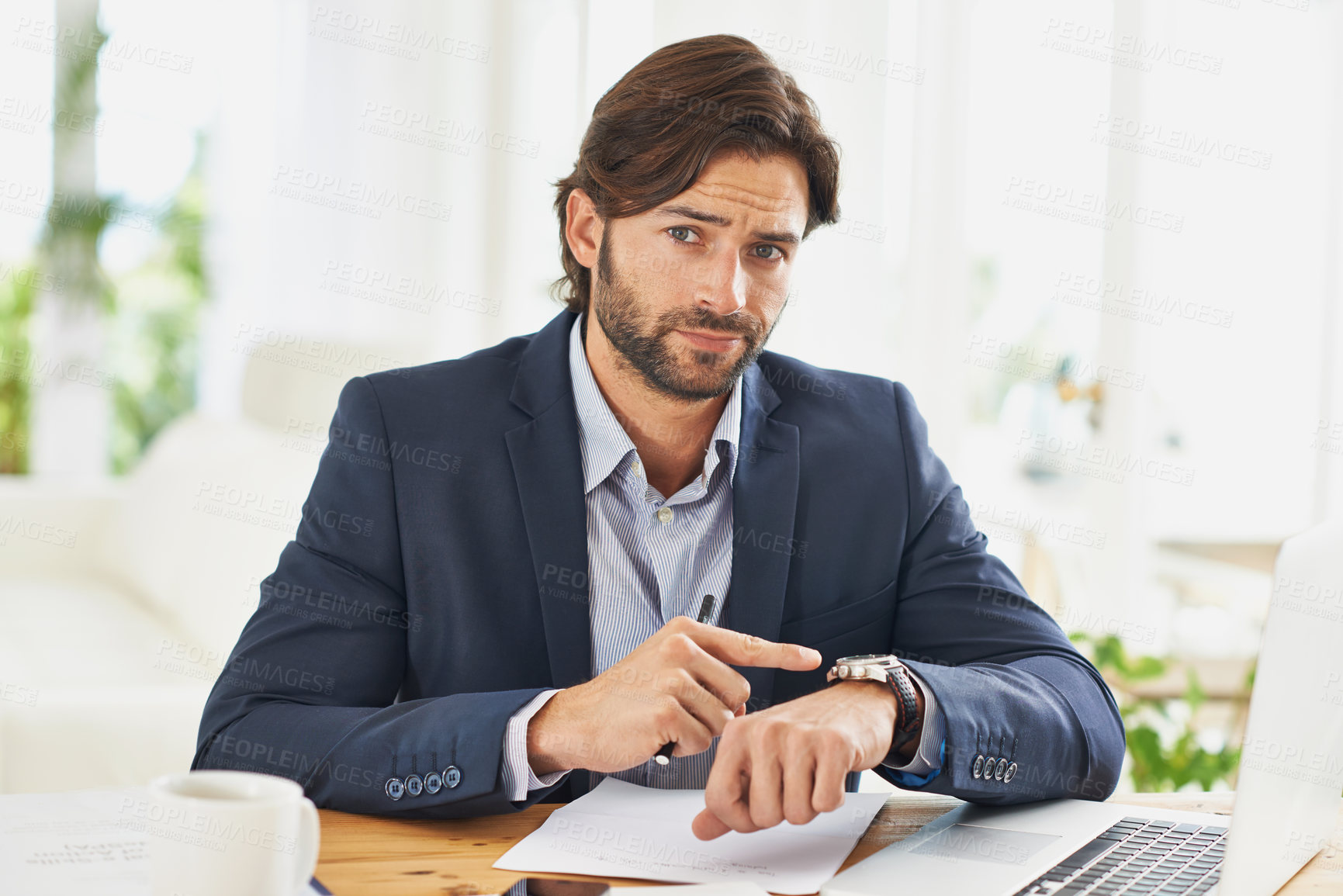 Buy stock photo Late,  businessman and pointing to watch in office with appointment on schedule or agenda. Busy, entrepreneur and frustrated by delay in time with clock and planning timetable for day with wristwatch