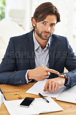 Buy stock photo Late,  businessman and pointing to watch in office with appointment on schedule or agenda. Busy, entrepreneur and frustrated by delay in time with clock and planning timeline for day with wristwatch