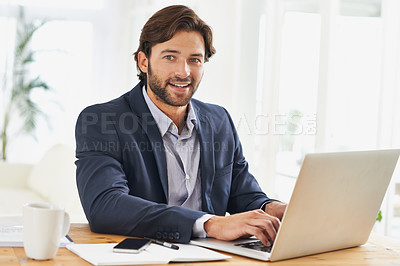 Buy stock photo Portrait, laptop and smile with business man at desk in office, working on corporate review or feedback. Computer, email or research with happy young employee typing report for info in workplace