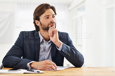 Buy stock photo Desk, notes and businessman thinking with ideas, brainstorming and inspiration. Consultant, corporate advisor or professional man with vision writing report, review or business plan for startup.