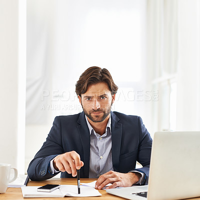 Buy stock photo Angry, businessman and portrait in office with report on desk and serious problem in paperwork, review and feedback. Frustrated, entrepreneur and reading a mistake, error and notes on document