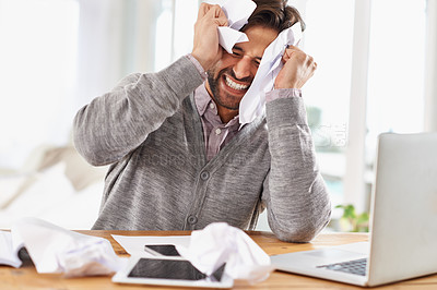 Buy stock photo Man, laptop and frustrated at work with paper on desk, overtime and stress to meet deadline. Startup, office and documents for research on information for business growth with notes and upset