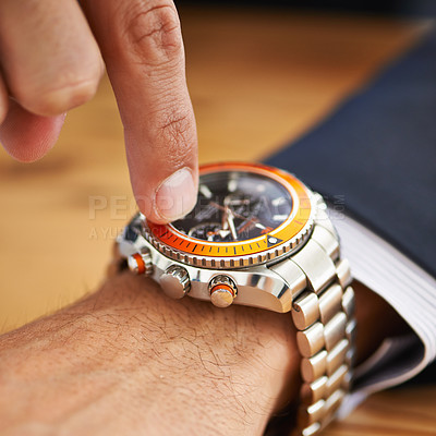 Buy stock photo Hands, desk and wristwatch with pointing time for deadline at office, table and schedule for business. Closeup, check and appointment for work with commitment, punctual and plan for meeting.