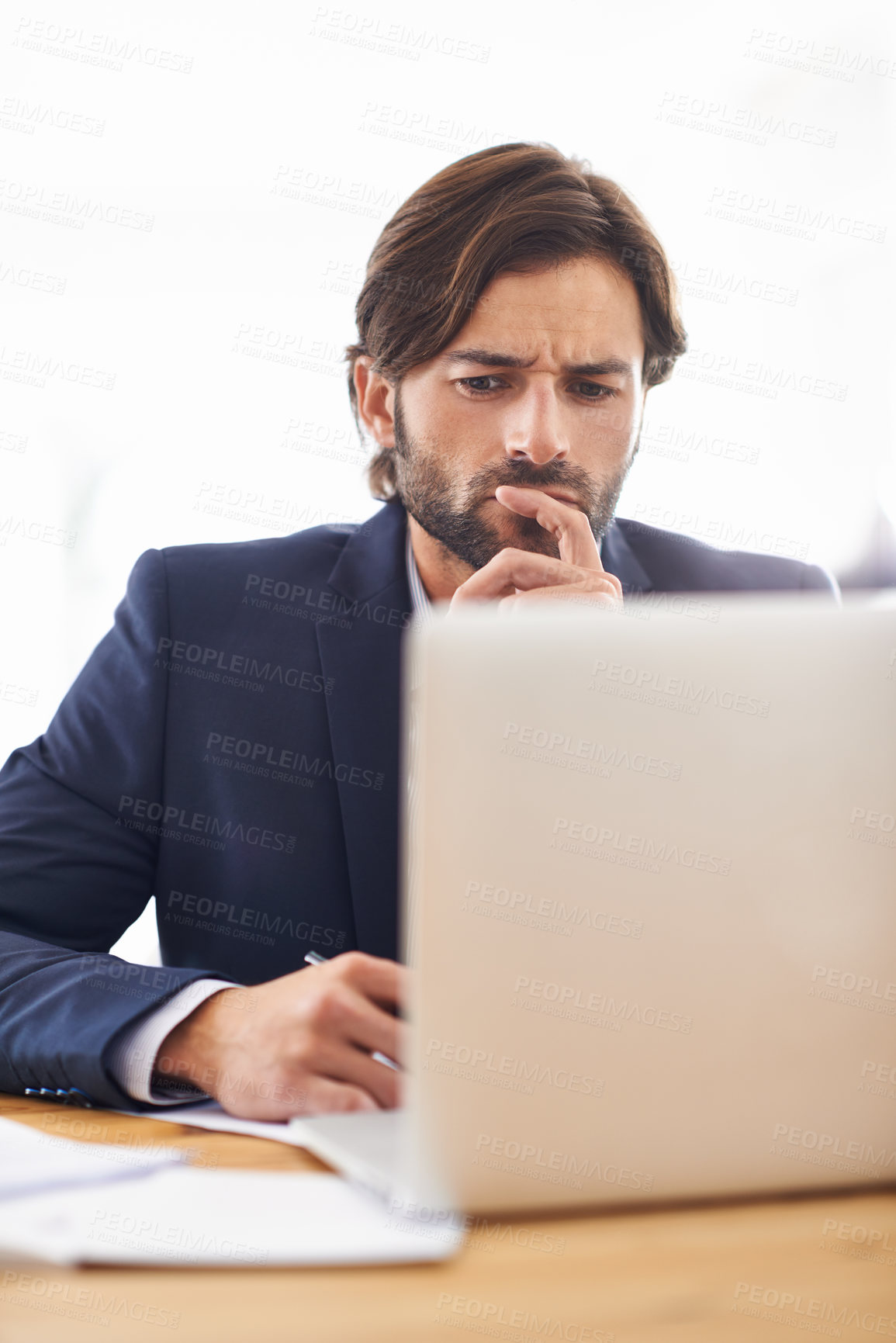 Buy stock photo Research, analysis and businessman thinking on laptop with report on investment and stocks. Investor, reading and planning decision on computer with review of project, strategy and information on web