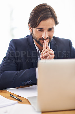 Buy stock photo Lawyer, man and office with laptop and idea at work, smile and paperwork with information for court. Law firm, small business and document with thinking for contract to analyze, case and regulation.